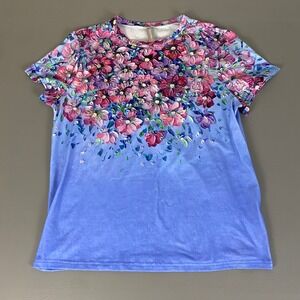 Noracora T-Shirt Women's Size Large Blue Floral Print Short Sleeve Jersey Top